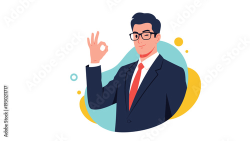 Confident businessman in blue suit and red tie winking and making an okay hand gesture against a colorful background.
