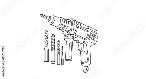 A black and white line art illustration of a cordless drill with various drill bits on a clean white background, showcasing a modern vector design with a minimal style and editable stroke.