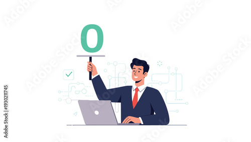 Happy businessman sitting at a laptop and holding up a green circle sign signifying success or correct answer.