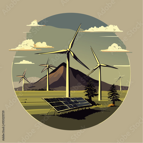 Wind Turbines and Solar Panels Generating Clean Energy.