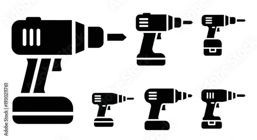 A set of black silhouette icons depicting various drill tools, including electric drills, cordless drills, and drill bits, in a modern vector style with a flat design on a white background.