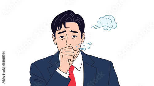 Sick businessman in dark suit covering his mouth while coughing and showing symptoms of illness or respiratory infection.