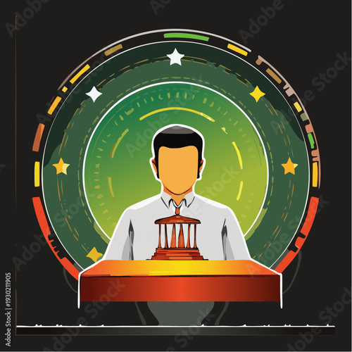 Man in formal attire with a courthouse symbol on his chest.