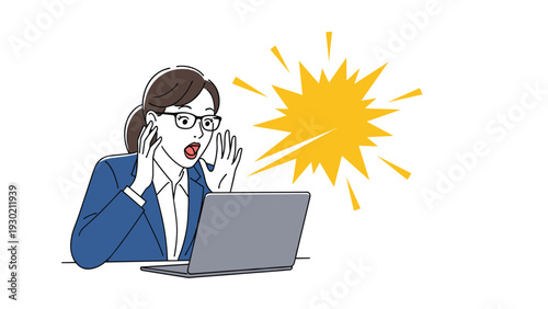 Shocked businesswoman with glasses looking at her laptop screen in absolute amazement with a yellow burst effect.
