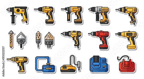 A collection of colorful drill icons and tools in various styles, including electric drills, cordless drills, drill bits, and tool silhouettes, arranged in rows on a clean white background