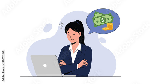 Worried businesswoman in professional suit sitting at laptop and thinking about money savings and financial expenses.