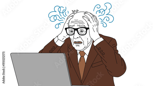 Overwhelmed senior man with glasses sitting at his laptop and holding his head in deep stress and frustration.