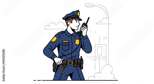 Cartoon Police Officer Using a Walkie Talkie in Urban Environment, Law Enforcement, Community Safety Illustration