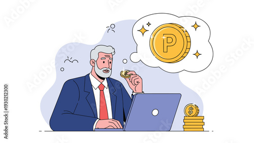 Elderly businessman at his laptop holding a gold coin and dreaming about reward points in a large speech bubble.