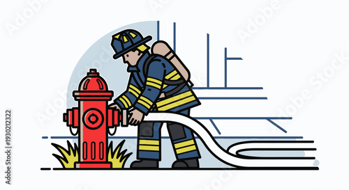 Firefighter Connecting Hose to Fire Hydrant in Urban Scene, Emergency Response, Fire Safety Equipment in Action