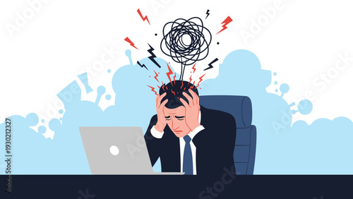 Extremely stressed businessman sitting at laptop with a tangled scribble and lightning symbols around his head.