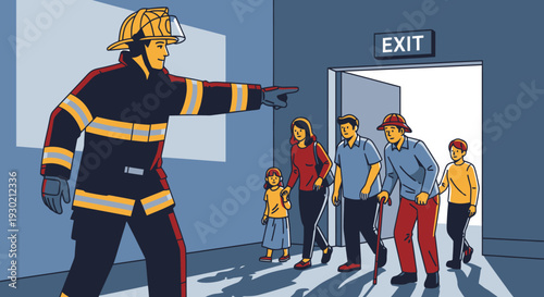 Firefighter Guiding Family to Safety at Building Exit During Emergency Situation in a Commercial or Residential Facility