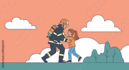 Firefighter Assisting Young Girl in Safety Drill Outdoors with Scenic Sky and Nature Background