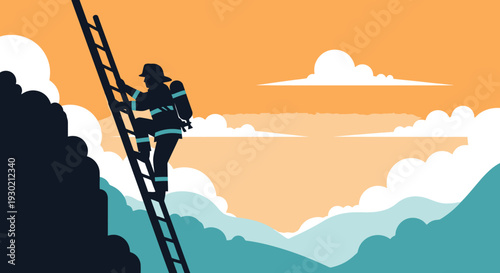 Firefighter Climbing a Ladder During Rescue Operation Against a Mountain Landscape with a Bright Sky