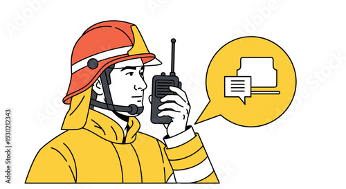 Firefighter Communicating via Radio in Protective Gear with Digital Messaging Icon - Emergency Response, Safety, Public Service