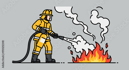 Firefighter Extinguishing a Fire with a Hose, Array of Emergency Rescue Operations, Fire Safety and Disaster Management Concept Illustration