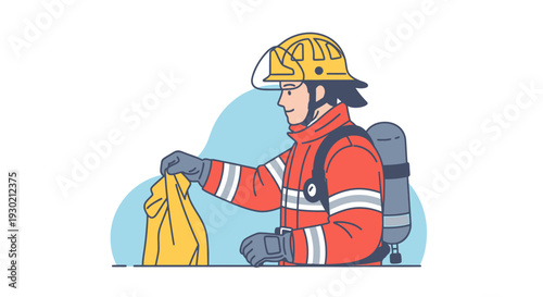 Firefighter in Full Gear Holding a Yellow Protective Cloth, Demonstrating Emergency Response Readiness and Heroic Service