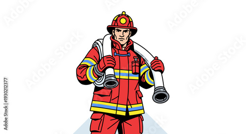 Firefighter in Full Gear Holding an Axe and Hose Ready for Emergency Rescue Situations