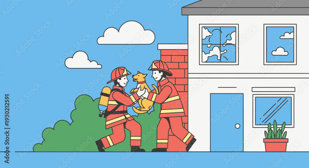 Naklejka premium Firefighters Rescue a Dog from a Burning House in a Colorful Cartoon Illustration for Emergency Service Promotions