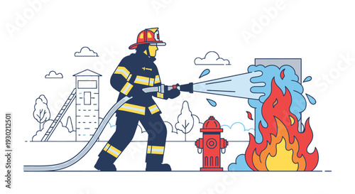 Firefighter Suppressing Building Fire with Water Hose in Urban Emergency Scene Illustration