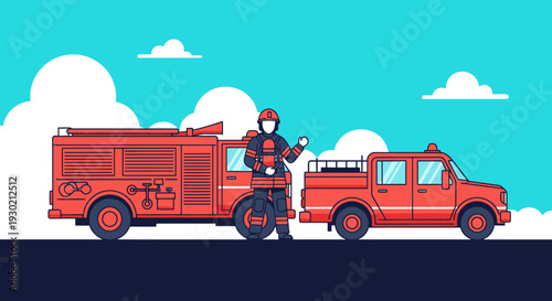 Firefighter Standing Next to Fire Truck in Bright Sky with Clouds, Emergency Response and Rescue Vehicle Illustration