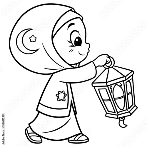 Simple cute chibi doodle line art vector, adorable child in muslim attire holding a traditional ramadan lantern (fanoos) with crescent moon and star details, smiling face, minimal black line drawing o