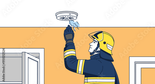 Firefighter Testing Smoke Alarm for Safety in Residential Building Using Flashlight and Protective Gear