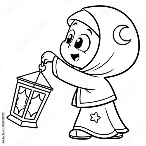 Simple cute chibi doodle line art vector, adorable child in muslim attire holding a traditional ramadan lantern (fanoos) with crescent moon and star details, smiling face, minimal black line drawing o
