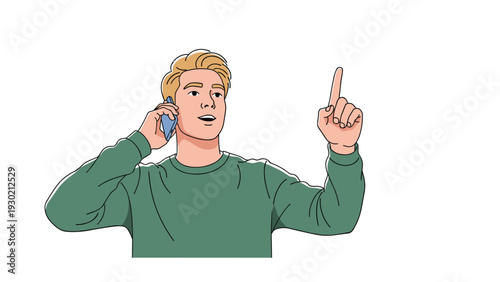 Confident young man with blond hair talking on his smartphone and pointing his finger upwards as if sharing an important idea or direction.