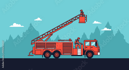 Firefighter Training and Rescue Equipment in Action on a Fire Truck with Extended Ladder for Emergency Access