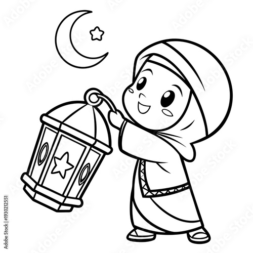 Simple cute chibi doodle line art vector, adorable child in muslim attire holding a traditional ramadan lantern (fanoos) with crescent moon and star details, smiling face, minimal black line drawing o
