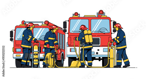 Firefighters in Action with Fire Trucks: Emergency Response Team Preparing for Rescue Operations