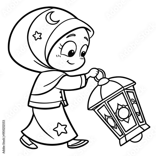 Simple cute chibi doodle line art vector, adorable child in muslim attire holding a traditional ramadan lantern (fanoos) with crescent moon and star details, smiling face, minimal black line drawing o