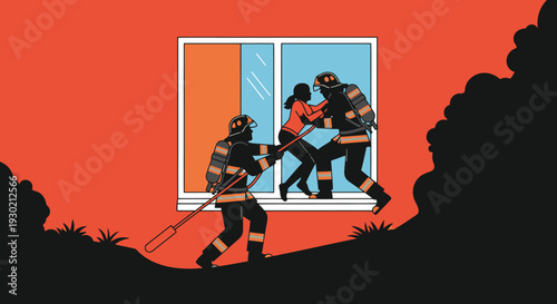 Firefighters Battling House Fire Through Window with Fire Hose, Emergency Rescue Scene Illustration