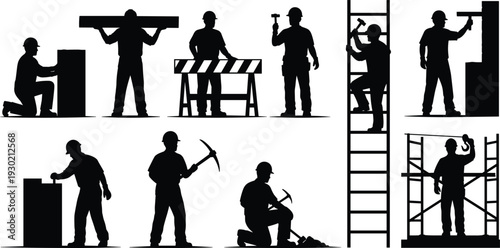 Construction Worker Silhouettes with Tools, Ladder and Scaffolding Isolated on White Background Industrial Labor Building Site Occupation Teamwork and Engineering Concept Collection