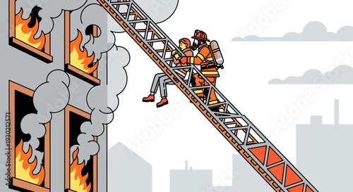 Firefighters Battle Blazing Inferno in Multi-Story Building with Ladder Rescue during an Emergency Response