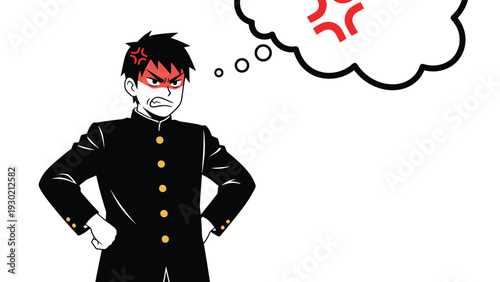 Angry male student in a black high school uniform with his hands on his hips and a thought bubble showing an explosion symbol for rage.