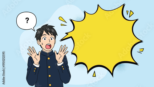 Surprised male student in a black uniform looking at a large jagged speech bubble with a question mark above his head in great confusion.