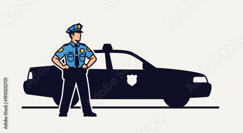 Illustration of a Confident Police Officer Standing in Front of a Classic Black and White Patrol Car, Emphasizing Law Enforcement and Public Safety
