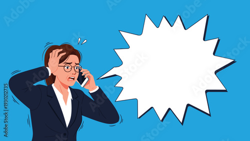 Panicked businesswoman wearing a blue suit and glasses talking on her mobile phone with a look of extreme worry and urgent alarm.