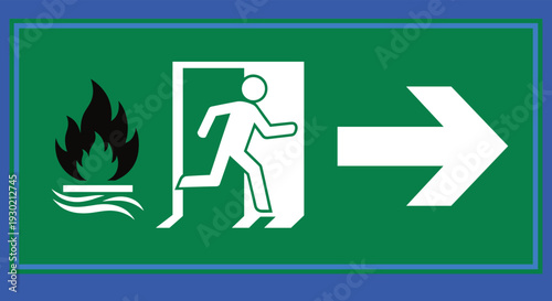 Green Emergency Fire Exit Sign Featuring Running Man Silhouette Directional Arrow and Flame Icon for Building Safety Evacuation Procedures and Industrial Security Labeling