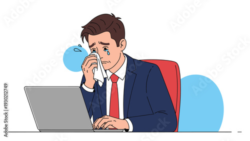 Sad and crying businessman sitting at his laptop computer while wiping away tears with a white handkerchief representing business failure.
