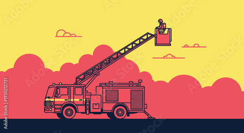 Modern Fire Truck with Extendable Ladder in a Vibrant Illustration, Emergency Response Vehicle for Fire Safety and Rescue Operations