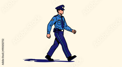Illustration of a Uniformed Police Officer Walking with Confidence on Neutral Background for Law Enforcement or Security Themes