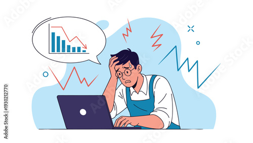 Stressed shopkeeper or worker at a laptop looking at a speech bubble with a declining bar graph representing significant financial loss.
