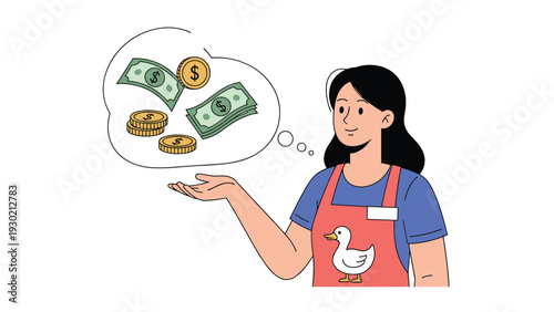 Young woman in a red apron with a duck logo thinking about money with a thought bubble filled with falling banknotes and gold coins.