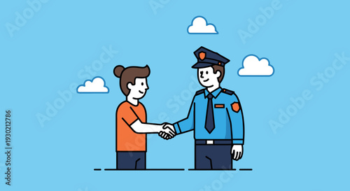 Police Officer and Civilian Shake Hands Under Clear Skies in a Friendly Outdoor Setting, Symbolizing Cooperation and Community Engagement