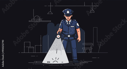 Police Officer Examining Crime Scene with Flashlight in Dark Urban Environment, Emphasizing Law Enforcement, Surveillance, and Crime Investigation Concepts
