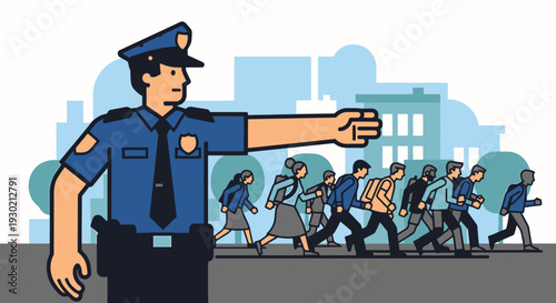 Police Officer Guiding Pedestrians Across the Street in a Busy Urban Environment, Ensuring Safety and Traffic Regulation in a Modern Cityscape