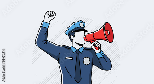 Police Officer with Megaphone Engaging in Public Announcement or Protest, Law Enforcement in Uniform Using Loudspeaker for Crowd Control or Communication